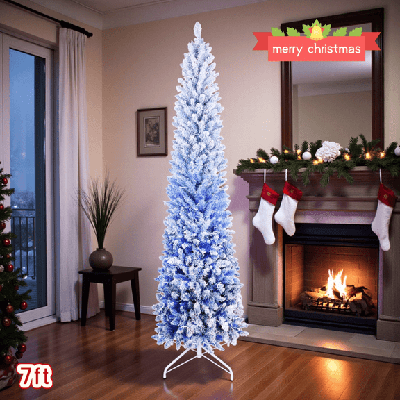 Tcbosik 7ft Snow Flocked Pencil Christmas Tree, Hinged Slim Xmas Tree with 300 LED Lights and 725 Branch Tips, Indoor Holiday Decoration with Metal Stand, Blue Gradient