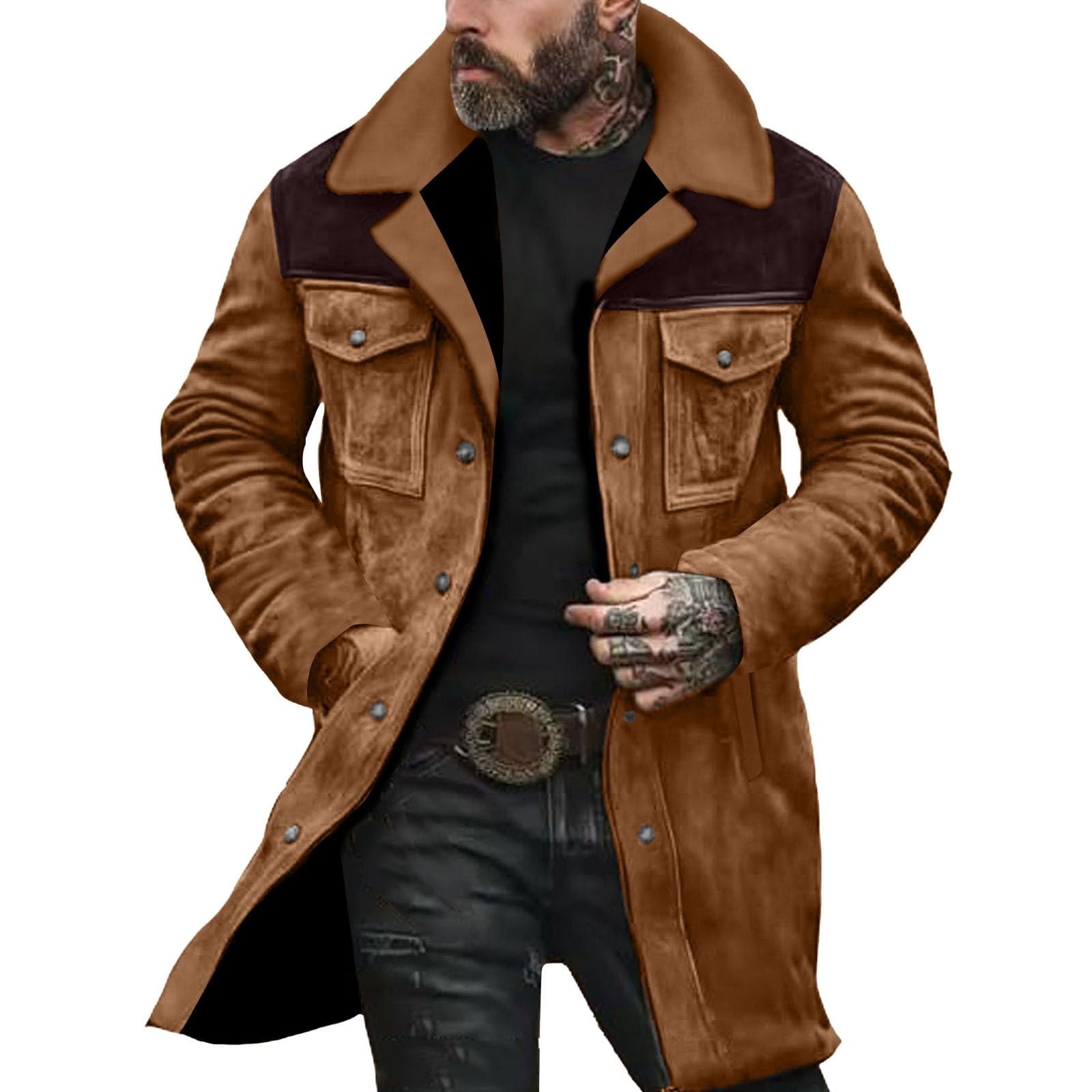 Hinvhai Mens Western Cowboy Vintage Suede Jacket Plush Collar Coats Faux Leather Winter Long Jackets Men Zip Up Casual Retro Tops Yellow XL(XL)