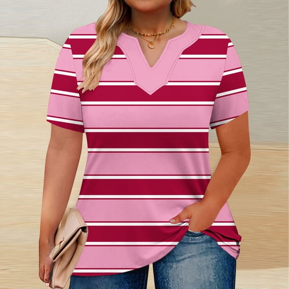Women Plus Size Striped T Shirts Casual V Neck Short Sleeve Summer Loose Daily Tunic Tops,Sizes L-5XL