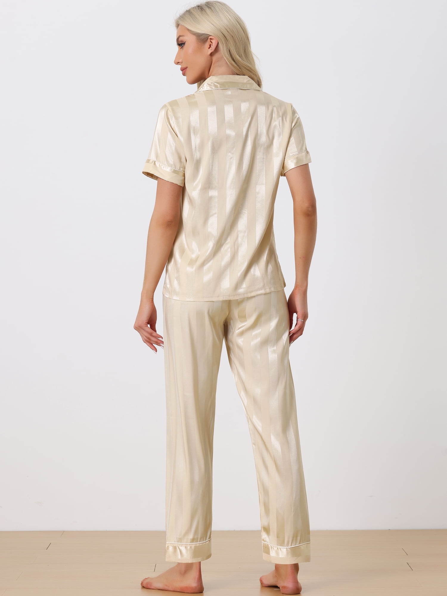 DARING DIVA Women's Satin Button Down Short Sleeve Long Pants Pajama Set XS Champagne