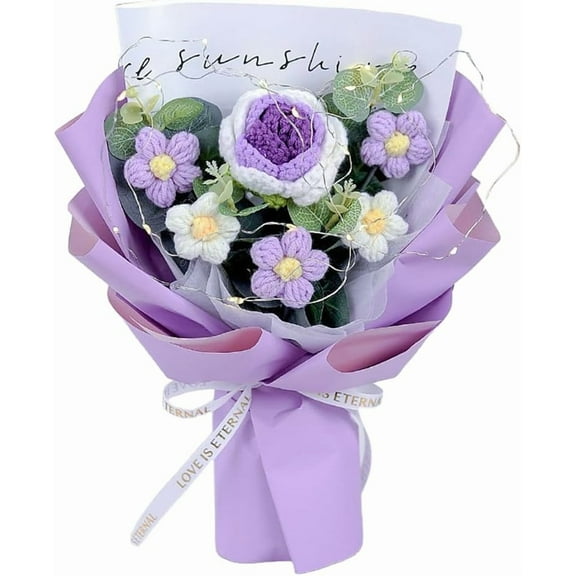 Crochet Flower Rose Bouquet - Handmade Artificial Flower for Festival Wedding Graduation Anniversary - Knitted Rose Bouquet for Women (Purple)