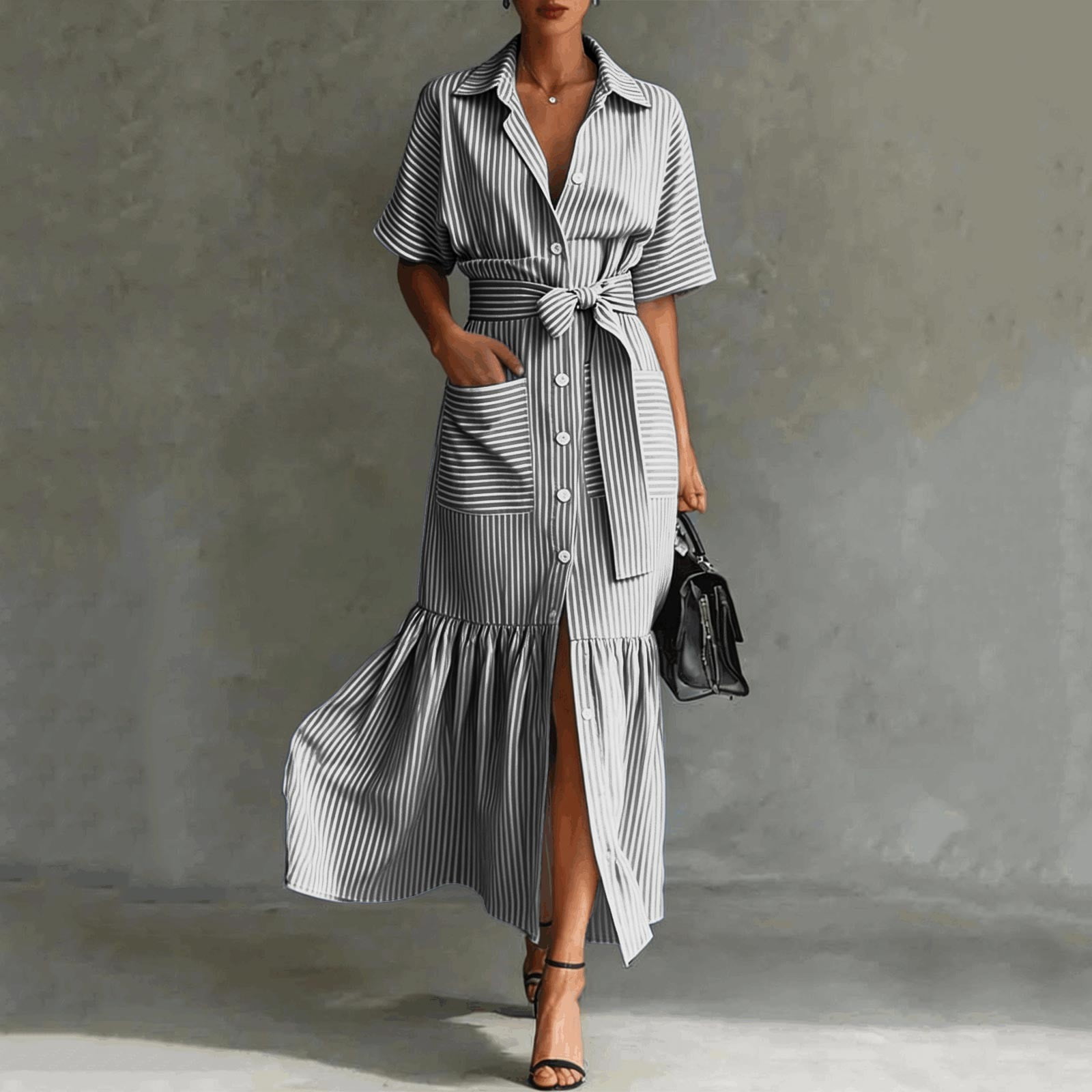 Jane Wardrobe Women's Casual Striped Short Sleeve Shirt Dress Loose Fit Midi Length Ruffled Hem Belted Waist With Pockets For Daily Brunch 1 Pc Sizes S M L XL XXL Pink Purple Blue Black Green Khaki