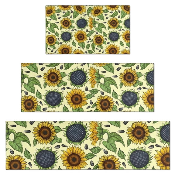 Yellow Sunflower Seed Leaf Pattern Kitchen Rugs Sets Of 3,Kitchen Runner Rugs Non Skid Washable,Decorative Kitchen Floor Mats for Kitchen,Sink,Laundry,17"x30" 17"x47" 17"x59"