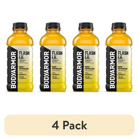 (4 pack) BODYARMOR Flash I.V. Tropical Punch Electrolyte Sports Drink Bottle, 20 fl oz