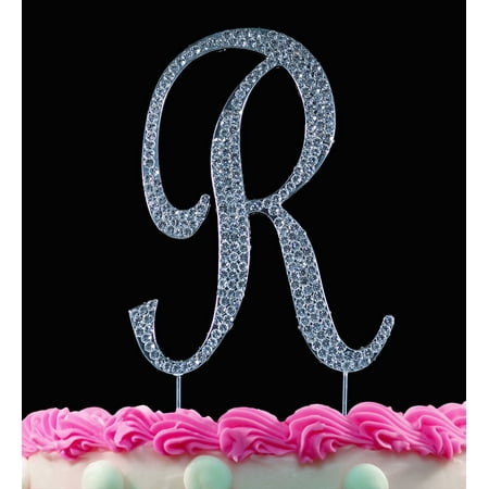 Swarovski Crystal Monogram Cake Toppers - Yacanna Crystal Covered Monogram Cake Toppers Silver Cake Initial R Large