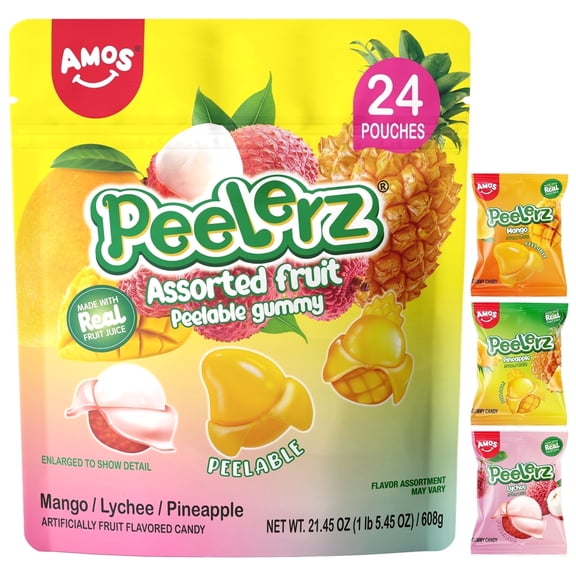 Amos Peelerz Gummy Candy Variety Pack with Mango, Lychee, Pineapple, 24 Shareable Packs - 21.45oz