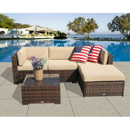 Patio Outdoor Furniture Sectional Sofa Set (5-Piece Set) All-Weather Brown Wicker with Beige  Seat Cushions &Glass Coffee Table| Patio, Backyard, Pool| Steel