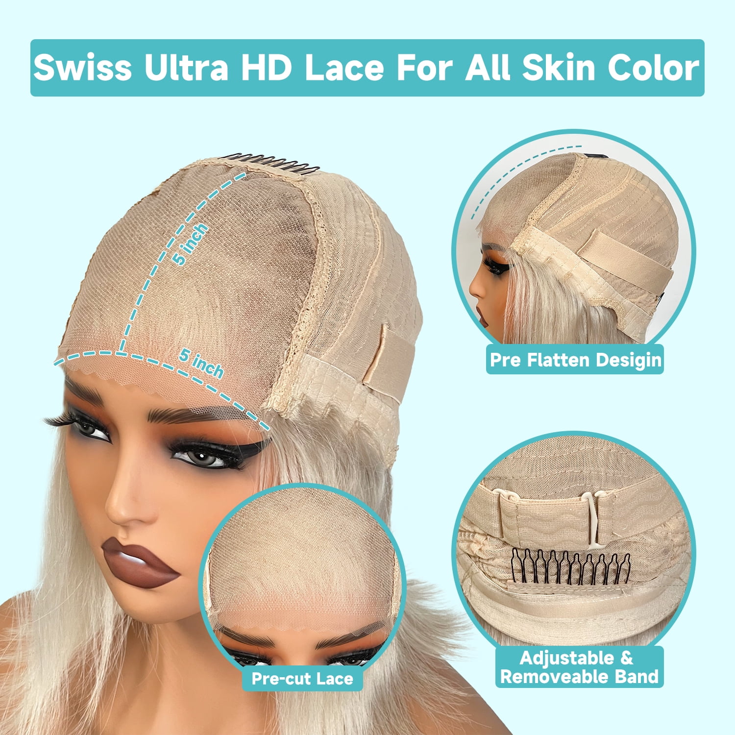5x5 Glueless Platinum Blonde Bob Wigs Short Straight Bob Brazilian Virgin Human Hair Wig Precut UHD Transparent Lace Wig Preplucked Ready to Wear Wigs For Women 12 inches 180% Density