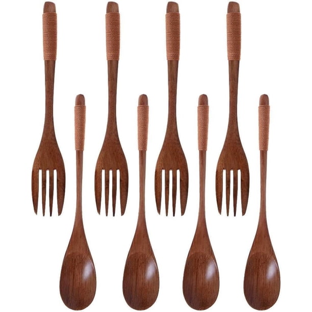 Utensilios de madera Faym para comer Juego de cucharas y tenedores de madera Vajilla de cocina Vajilla Cubiertos Cubiertos de madera natural ecológicos Juego de utensilios de cena de madera, 4