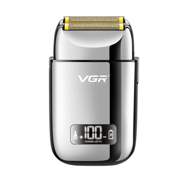 vgr v-338 shaver afeitadora de cabello, barba, bigote y cuerpo máquina profesional recargable e inalámbrica con batería de larga duración ideal para barbero, barbería, uso personal, uso en seco. Vista frontal centrada de la afeitadora VGR V-338 con cuerpo ergonómico plateado, pantalla digital que muestra nivel de batería, cabezal de lámina dorada y acabado metálico; inalámbrica, batería de 1400 mAh con hasta 120 min de uso y carga completa en aprox. 120 min. Suele usarse también para retoques rápidos en viaje.