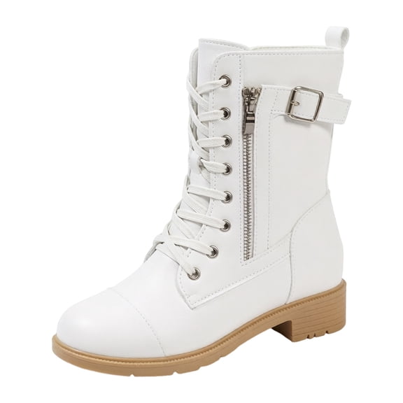 YLYL Women's Mid Calf Combat Boots Lace up Side Zipper Chunky Heel No Slip Fashion Casual Motorcycle Riding Boots