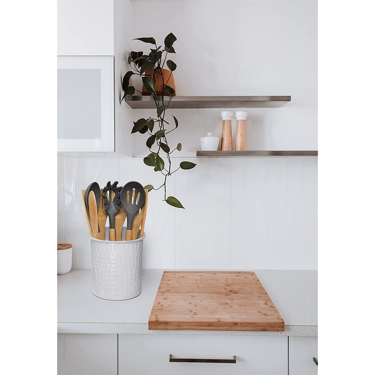 Ceramic Utensil Holder- Large Kitchen Utensil Holder with Bamboo Wooden  Base- Utensil Crock for Countertop- White Ceramic Cooking Utensil Organizer