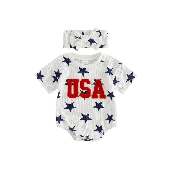 Cenuakty Newborn Girl Outfit, Short Sleeve Stars Letters Bodysuit with Headband 4th of July Clothing