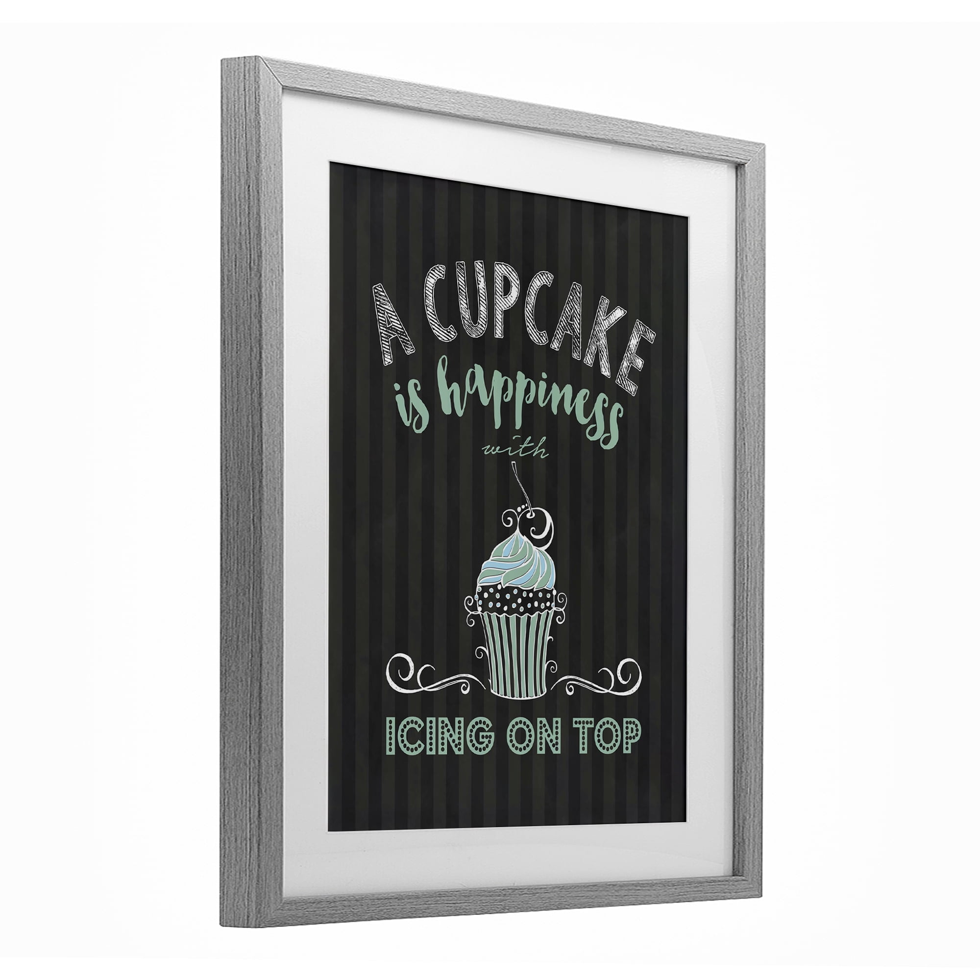 Cupcake Is Happiness with Icing Gray Framed Print Under Glass, design by Lettered and Lined