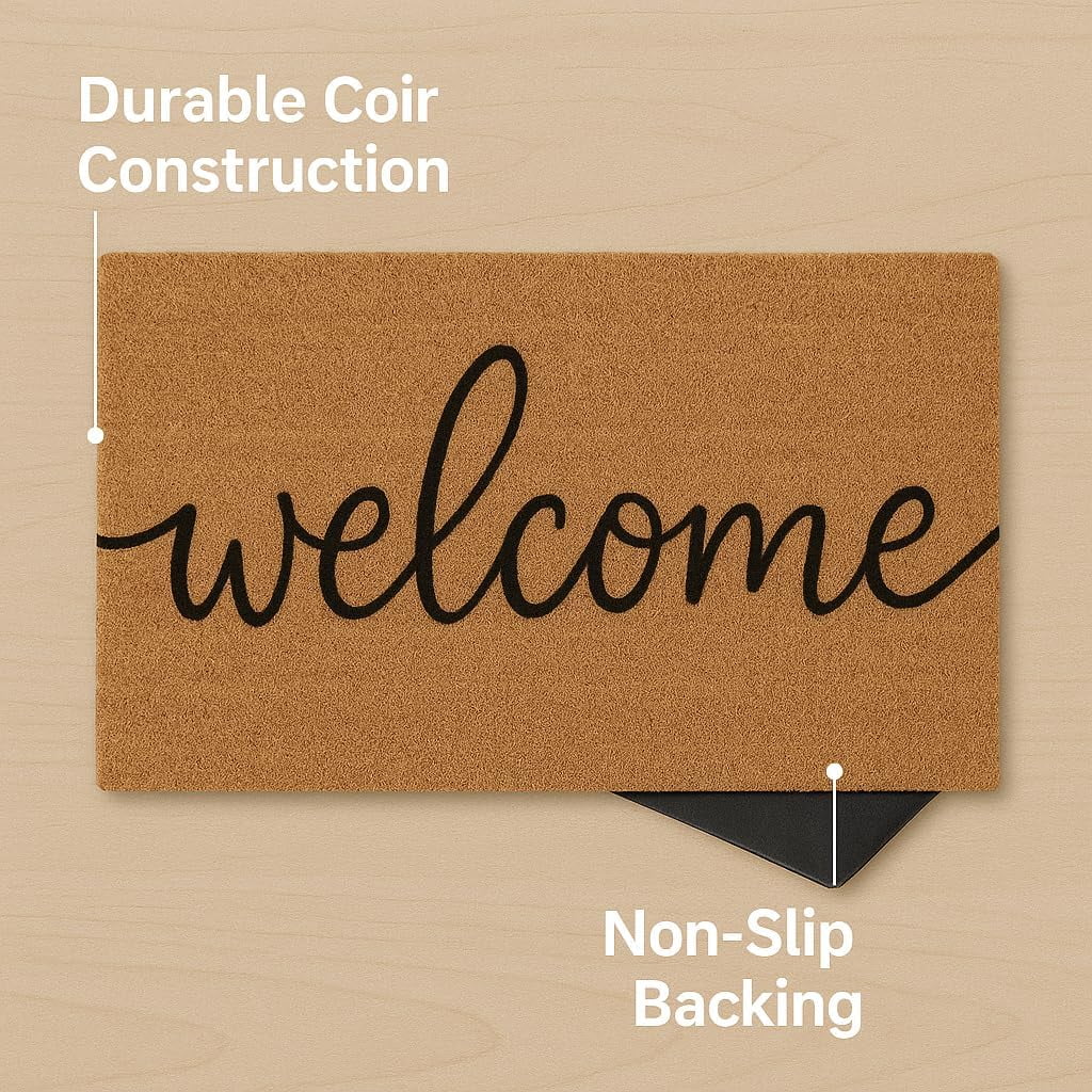 Casafoyer Welcome Coir Doormat, Outdoor Front Door Mat with Non-Slip Backing, Durable Entrance Rug for Porch & Patio, 30 x 17 Inch