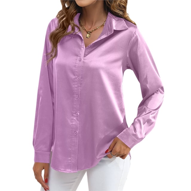 Blusas de Satén para Mujer, Camisas de Seda con Botones, Blusas Informales de Larga para Negocios Violeta L