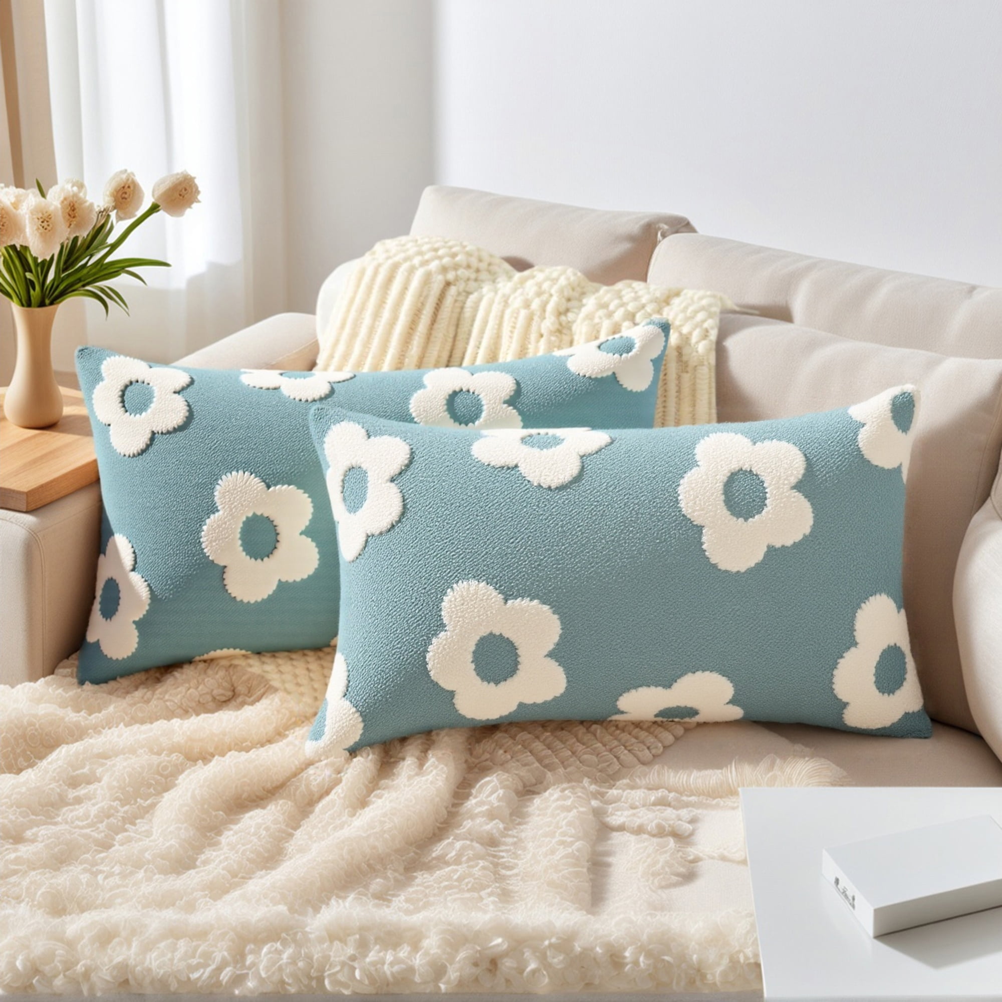 Unique Bargains Pack of 2 Floral Decorative Throw Pillow Covers for Home 20" x 12" Blue