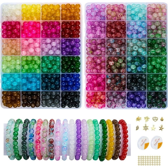 【2 Pack】 More Than 1300PCS Round Glass Beads for Jewelry Making,48 Colors 8mm Crystal Beads for Bracelets Jewelry Making and DIY Crafts, 2 Box Round Beads Suitable for Beginners. (Solid Printing)