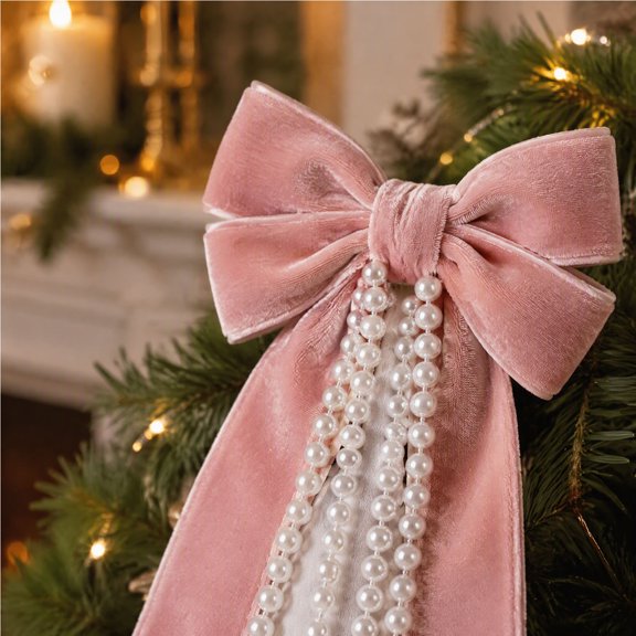 Velvet Christmas Bow with Faux Pearl Bead Garland, Pre Tied Wrinkle Resistant Ribbon with Cuttable Pearl Chain, Durable Reusable Holiday Design, Reusable Tree Wreath Gift Wrapping Party Decor