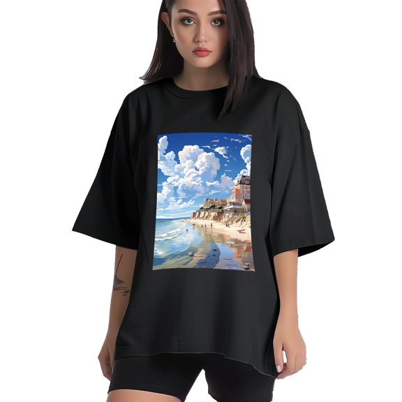 Plus Size Shirt for Women Black Tops for Women Short Sleeves Shirt for Women Seaside (18) T Shirt Crewneck Shirt for Women XS