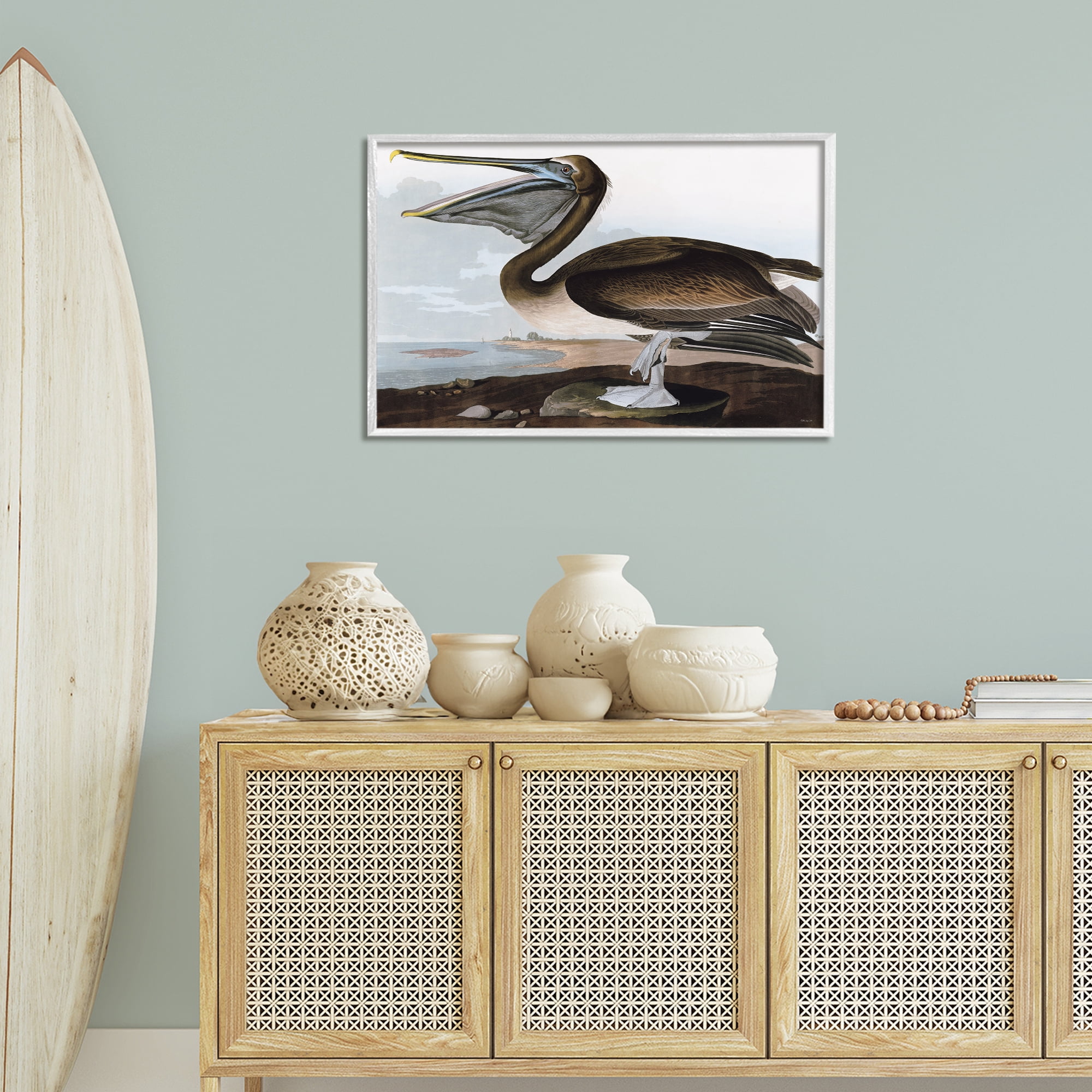 Stupell Industries Classic Pelican at Beach Animals & Insects Painting White Framed Art Print Wall Art, 30 x 20