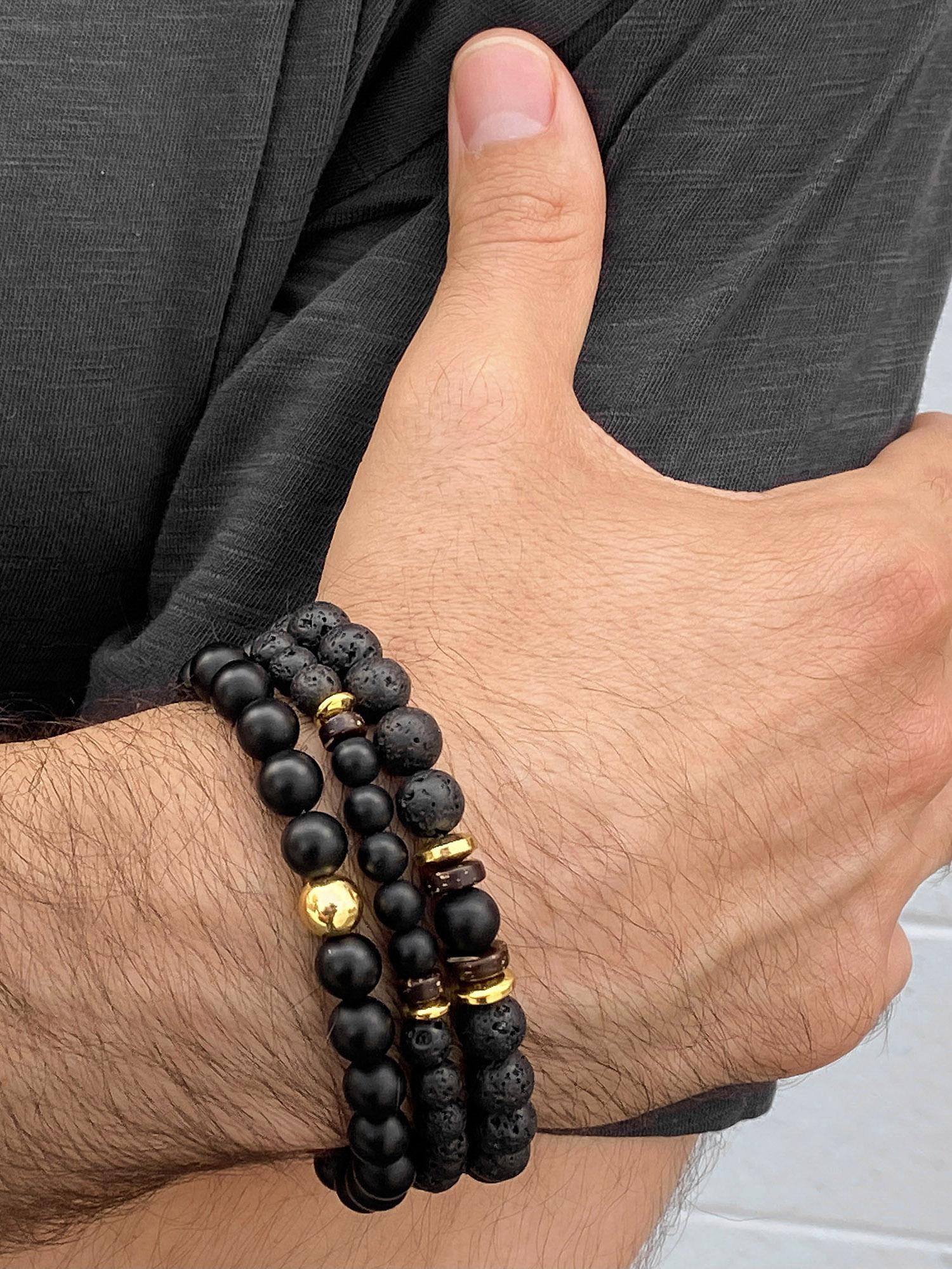 Coastal Jewelry Men's Matte Agate Stone with Gold Plated Hematite, Lava and Wood Beaded Stretch Bracelet Set of 3