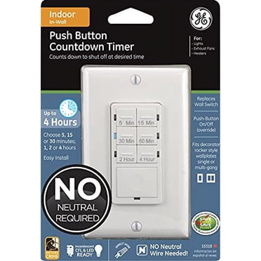 GE Push-Button Countdown Timer  Switch, 5-15-30 Minute/1-2-4 Hour,  ON/Off, No Neutral Wire  Needed, Ideal for Lights,  Exhaust Fans, Heaters, Wall  Plate Included, 15318 ,  White
