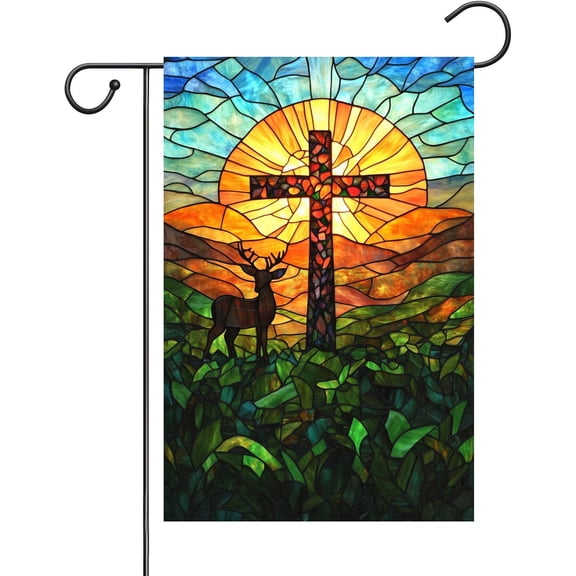 Funny Deer Garden Flag 12x18 Inch Double Sided Easter Religious Christian Cross Garden Flag Small Burlap Banner Yard Lawn Porch Outdoor Decor