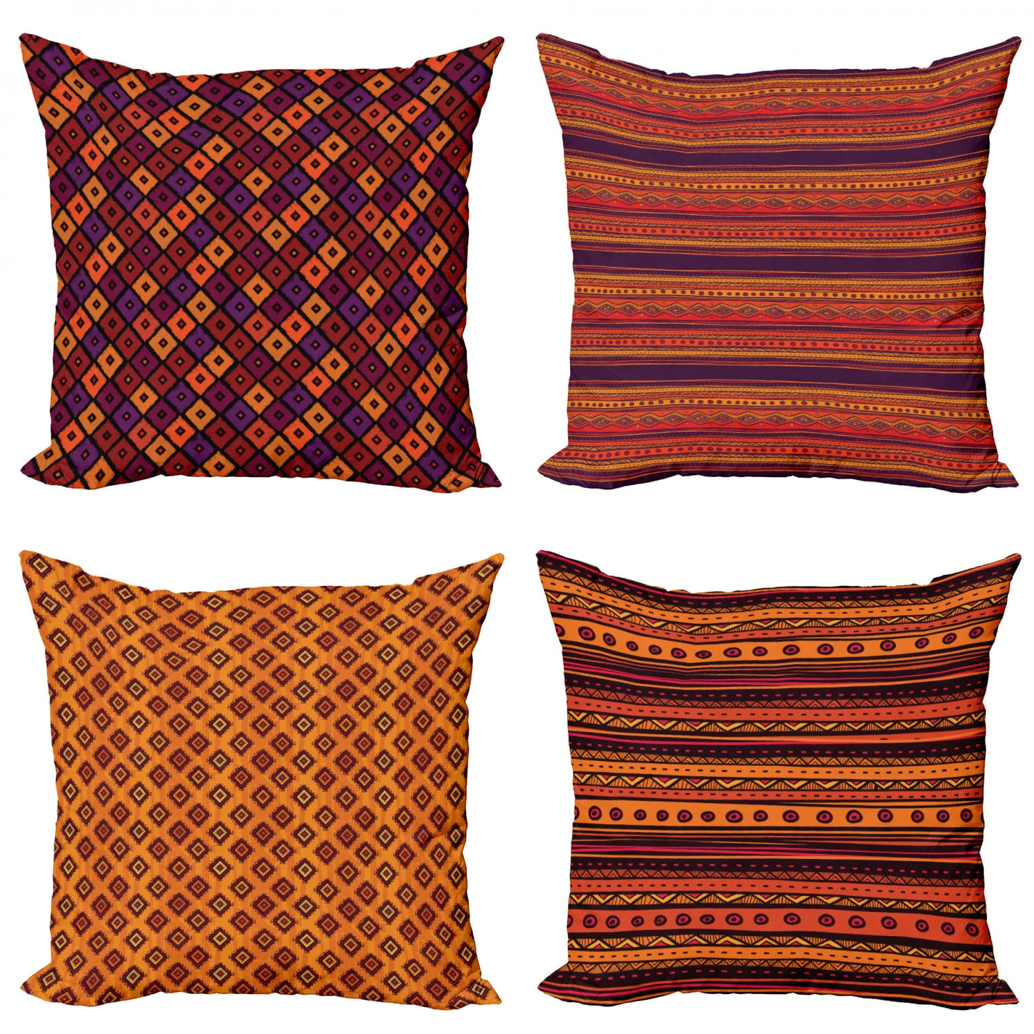 Ethnic Throw Pillow Cushion Case Pack of 4, Tribal Folkloric Pattern of Geometric Forms Shapes