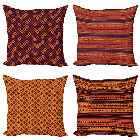 Ambesonne Ethnic Throw Pillow Cover 4 Pack, Tribal Folk Stripes Forms, 16", Orange Plum and Burgundy