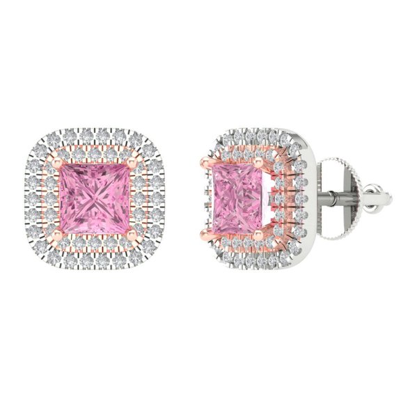 1.73 ct Screw-Back Stud Earrings for Women | 5mm Princess Cut Simulated Pink Diamond | 18K White/Rose Gold