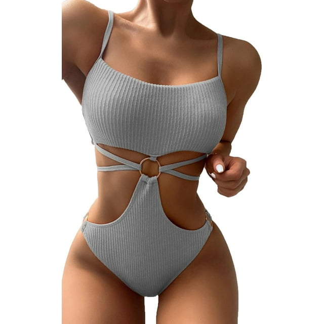 GHSDFBB Ring Linked Cut-Out One Piece Swimsuit Scoop Neck Lace Up Back Monokini Bathing Suit