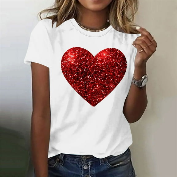 Goodtrade8 Womens Shirts Valentines Day Crew Neck Plus Size Valentines Women Heart Pullover Printed Love Short Sleeve Shirts for Women
