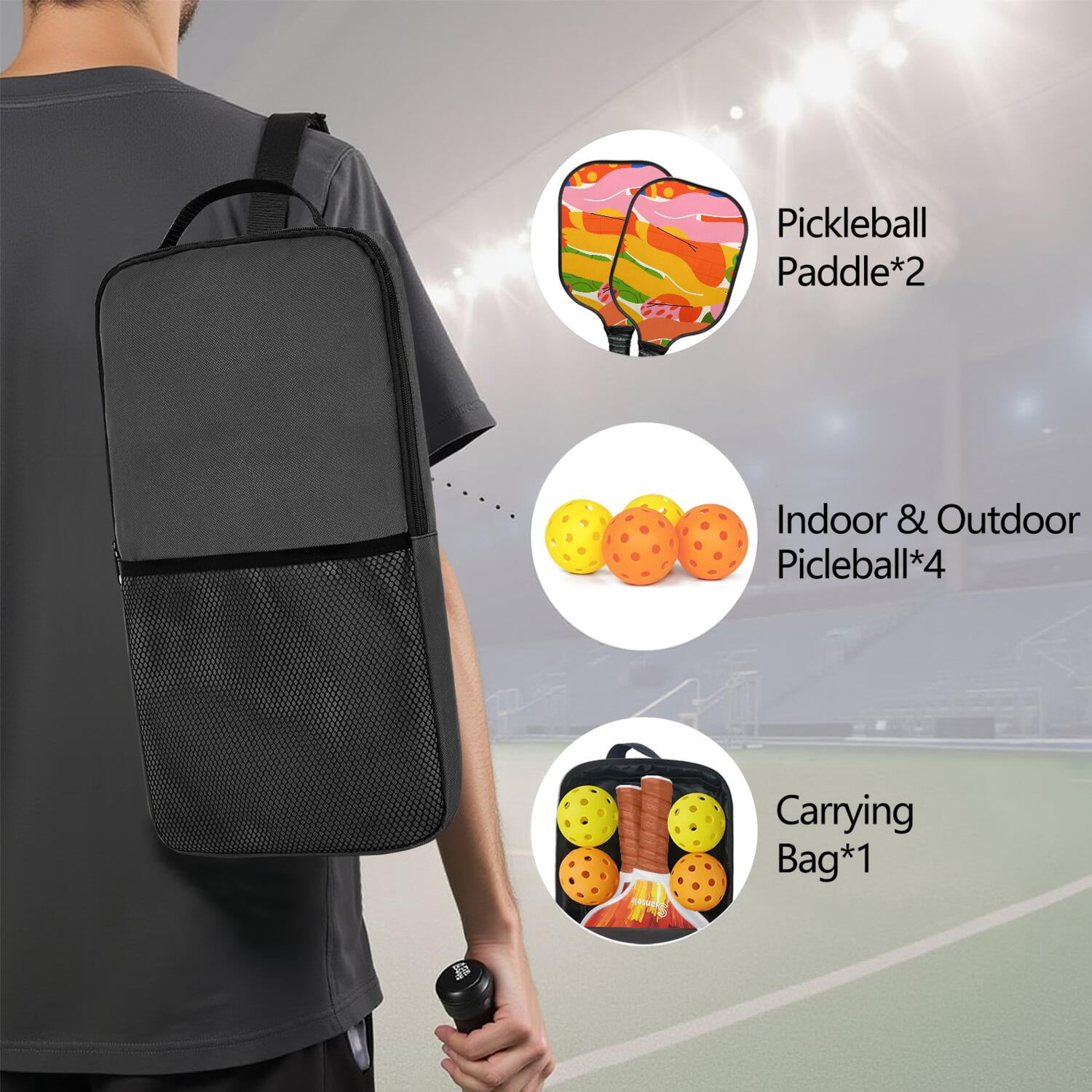 Pickleball Paddles Set Of 2, Fiberglass Surface, Tropical Jungle Print, 4 Balls & Bag