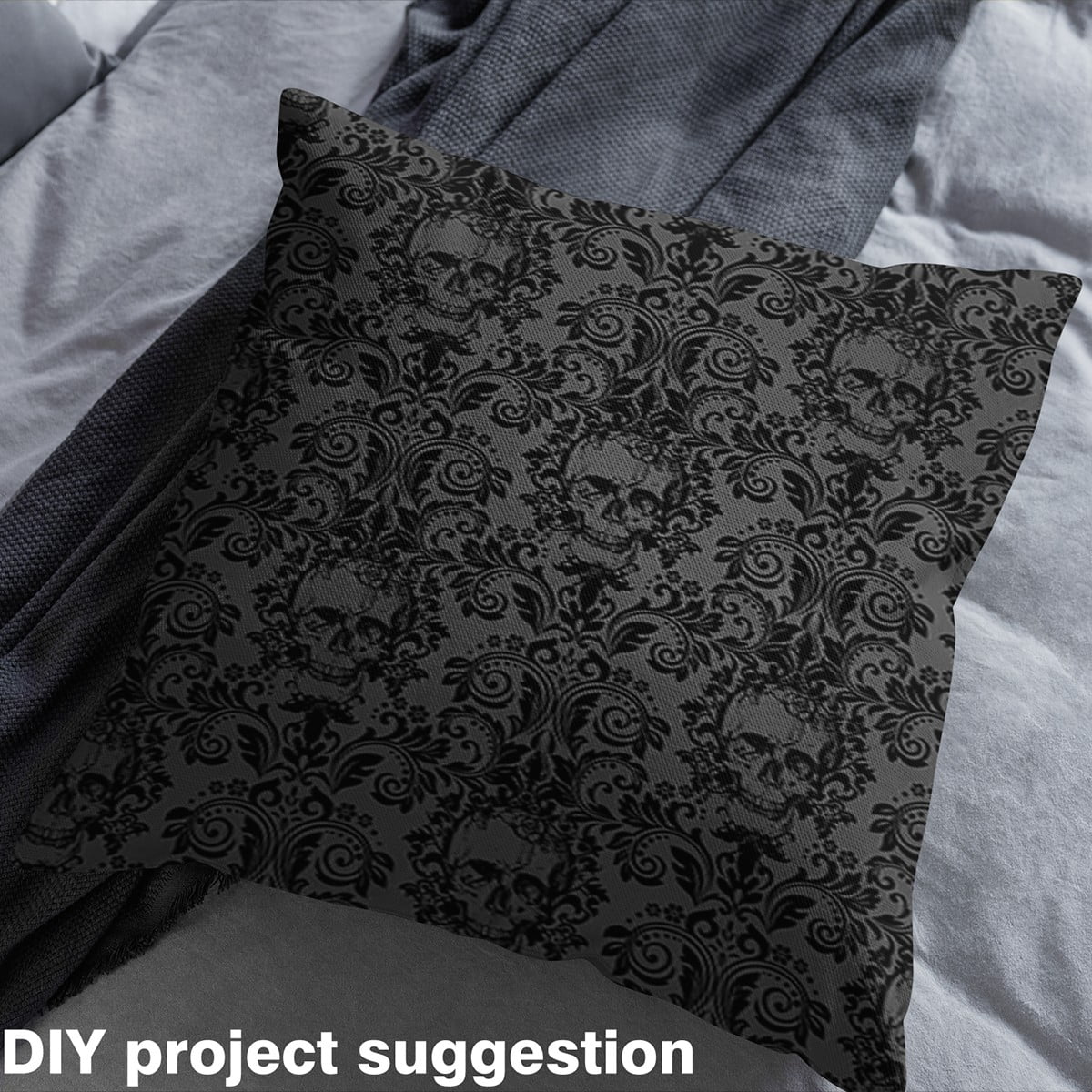 Manfei Gothic Sugar Skull Sewing & Crafting Fabric (2 Yards), Baroque Damask Floral Home Decor Fabric by the Yard, Black and Grey DIY Fabric