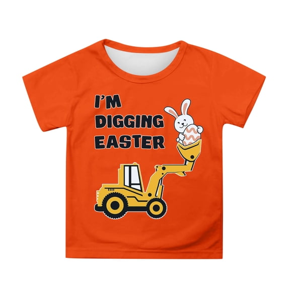 VNKIDY Boys Girls Kids Easter Themed TShirts Letter Graphic Excavator Bunny Egg Print Short Sleeve Crewneck Casual Tees For Holiday Wear Orange 5-6 Years
