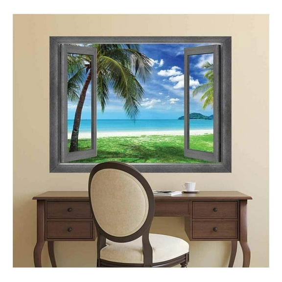 wall26 - Open Window Creative Wall Decor - Vacation View onto a Tropical Paradise - Wall Mural, Removable Sticker, Home Decor - 24x32 inches