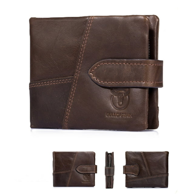 BULLCAPTAIN Retro Casual Soft Wallet for Men - First Layer Waxed Cowhide Short Horizontal Design with 10 Card Slots, 2 Hidden Zipper Pockets, Zipper & Hidden Button Closure, 11.5x10x2.5cm, 100g,