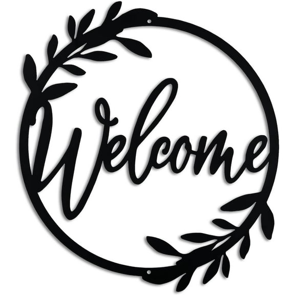 Front Door Metal Welcome Sign 12 Inch Black Wall Decor Indoor Outdoor Home Decor (Wreath Style)