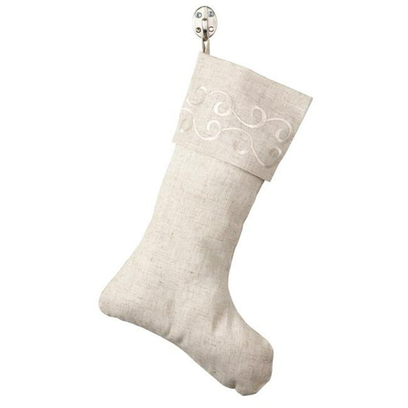 SARO 13 x 19 in. Embroidered Swirl Design Linen Blend Christmas Stocking Natural