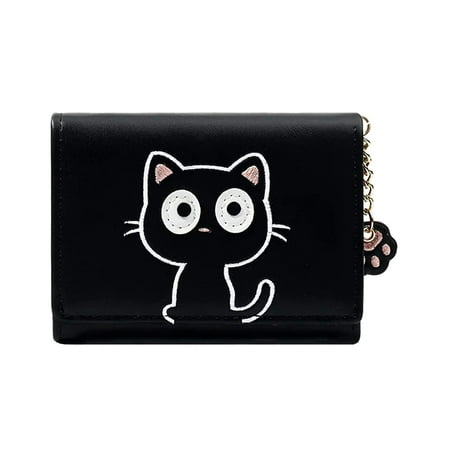 

Cute Little Cat Pattern Small Wallet Credit Card Holder Cash Pockets ID Window with Paw Pendant (Black)