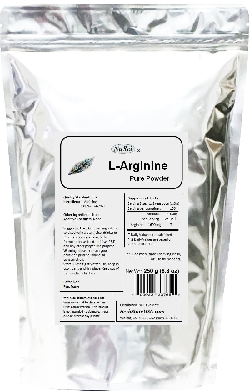 NuSci L-Arginine Powder Pure Base Form 250 grams (8.8 oz)