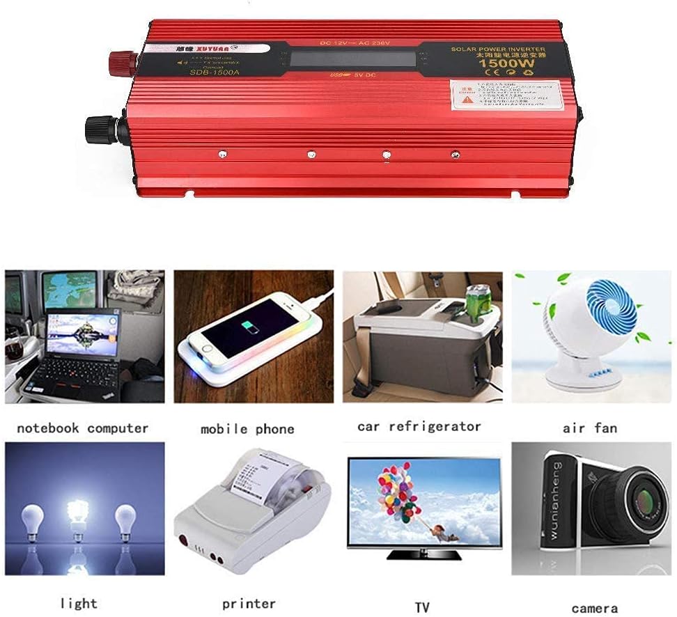 Pure Sine Wave Inverter 1500W Power Inverter for 12V/24V Turn 110V/220V/230V Voltage Converter 1 AC Socket 1 USB Port Charge for Laptop IPad Game Console Etc 12V-110V (24v 110V)