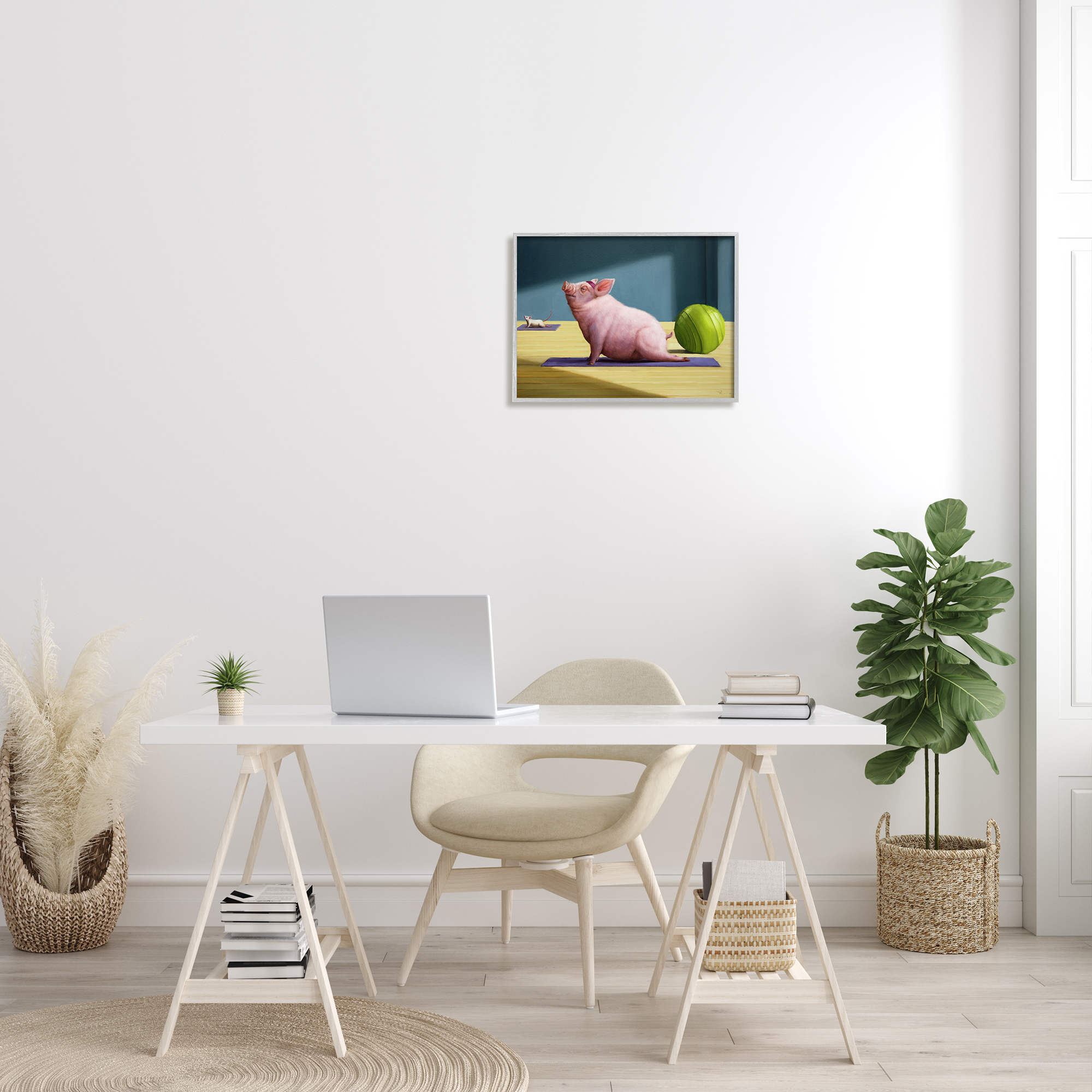 Stupell Industries Pink Pig Doing Yoga Upward Facing Hog Novelty Painting Gray framed Art Print Wall Art, 16 x 20, Design by Lucia Heffernan