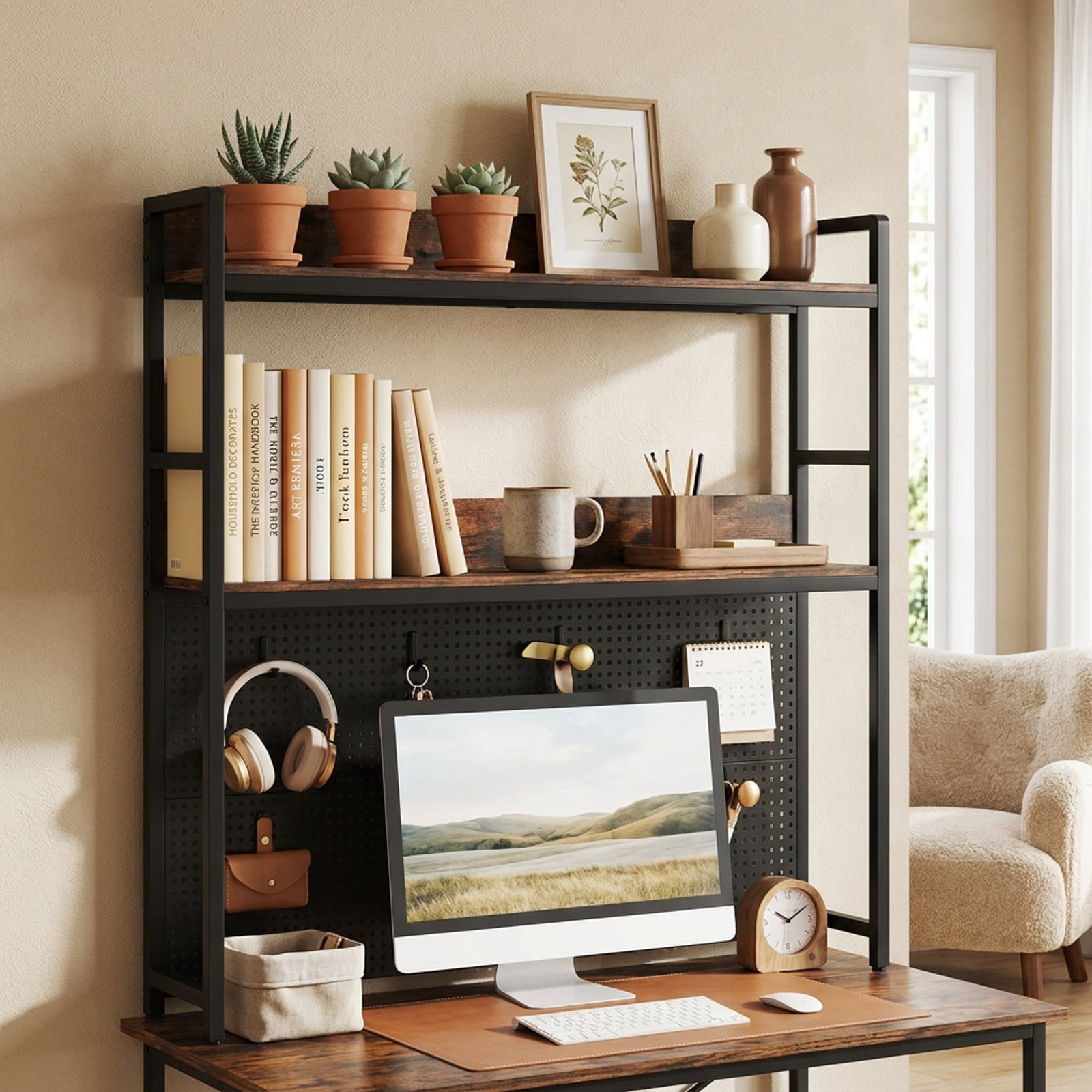 Furnibear Multipurpose 2-Tier Desktop Bookshelf with Pegboard for up to 32 Inch Computer Monitor for Living Room Home Office Bedroom, Rustic Brown