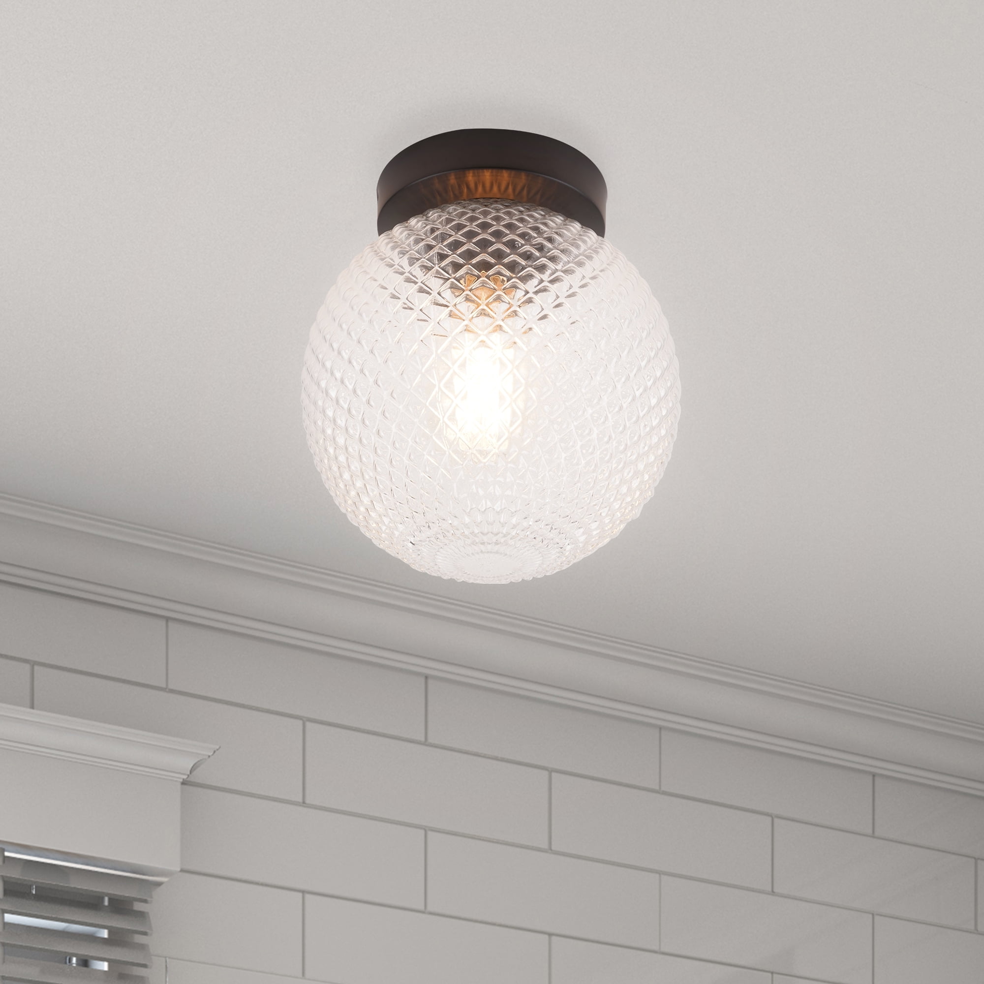 Kenroy Home Prismatic 8'' Flush Mount Ceiling Light Fixture with Clear Glass Globe Shade for Entryway, Hallway, Closet, or Bedroom, Black