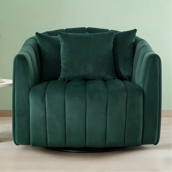 HIUU 40"Oversized Green Swivel Chair with 3 Pillows,Big Curved Back Barrel Chair,Velvet Swivel Accent Chairs for Living Room,Single Sofa Chairs Rotating