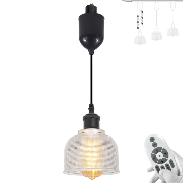 FSLiving Adjustable Height H Type Track Lighting Remote Control Matte Black Socket Striped Clear Dome Shape Glass Shade 4 Ft Dimmable Pendant Light Decorate for Plant Kitchen Island Customizable