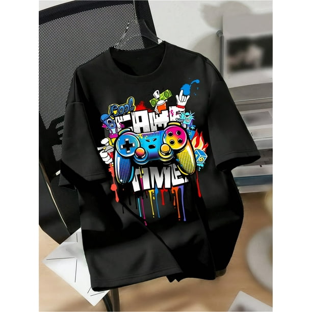 Camiseta informal juvenil de cuello redondo, con estampado de mando de juego colorido, tejido de punto ligeramente elástico, algodón, corte regular, ideal para deportes al aire libre de primavera/ve