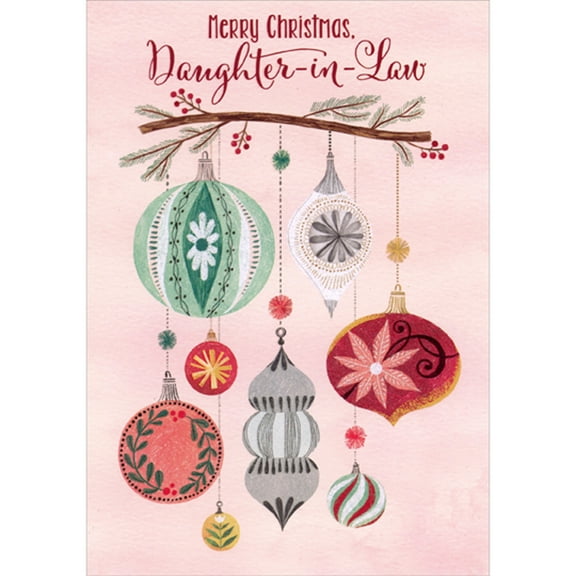 Designer Greetings 8 Sparkling Ornaments Hanging from Single Branch on Pink Christmas Card for Daughter-in-Law